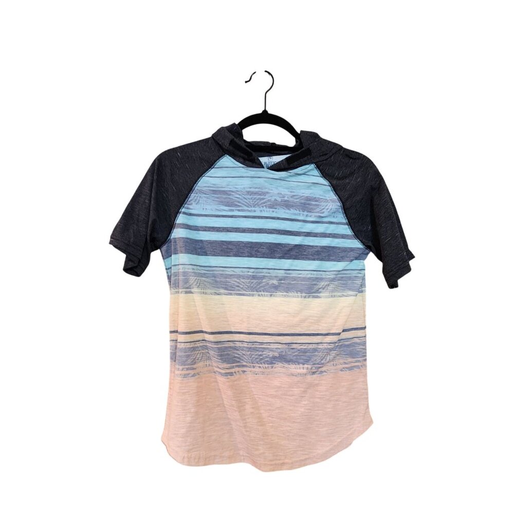 Rustic Blue Womens Medium Short Sleeve Striped Hoodie Shirt Multicolor With Dark